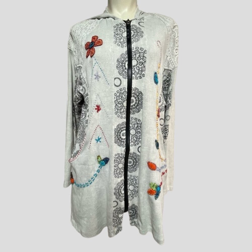 Ark Imports Boho Hippie Embroidered Full Zip Hooded Tunic Sweater Hoodie